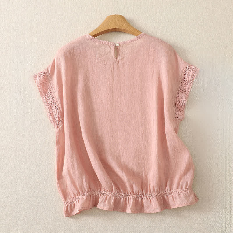 Buddha Stones 夏物カジュアルシンプルドローストリングゴム裾無地ラミーレディース半袖Tシャツ - image 1