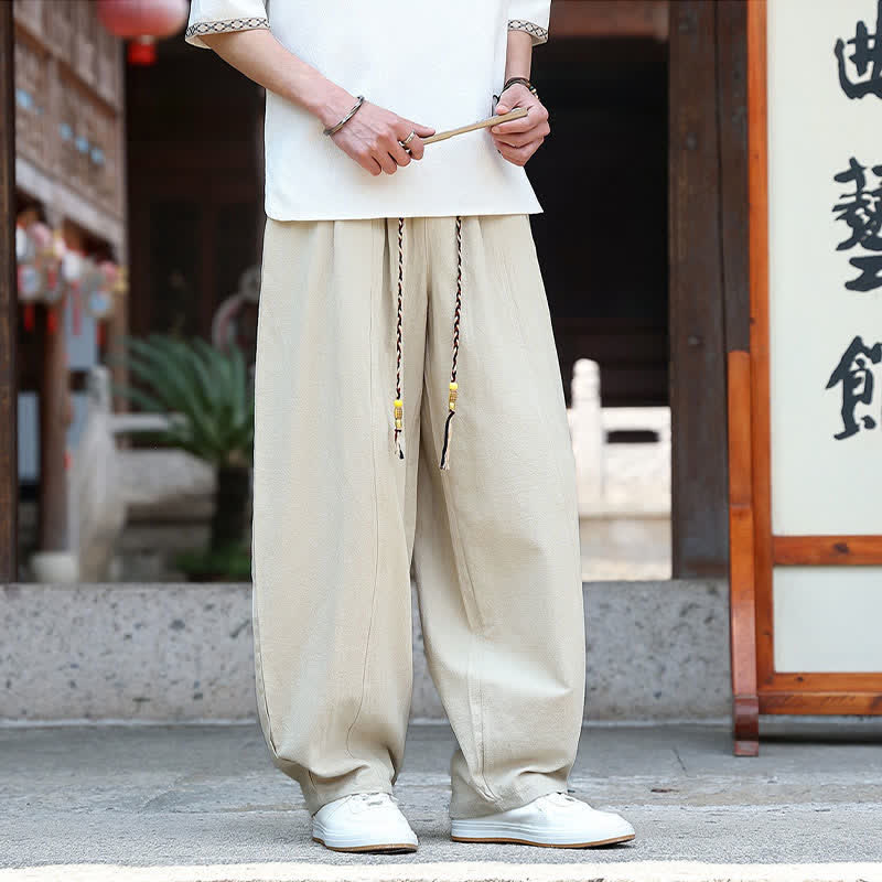 Buddha Stones 夏物カジュアルミニマリストドローストリング無地アンクルパンツメンズストレートレッグパンツポケット付き - image 2