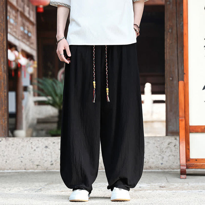 Buddha Stones 夏物カジュアルミニマリストドローストリング無地アンクルパンツメンズストレートレッグパンツポケット付き - 黒 - US/UK/AU46, EU56 （5XL） - image 5