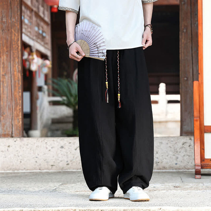 Buddha Stones 夏物カジュアルミニマリストドローストリング無地アンクルパンツメンズストレートレッグパンツポケット付き - image 9