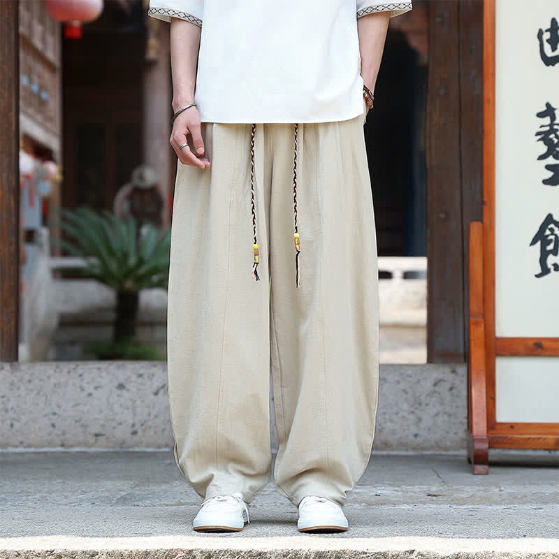 Buddha Stones 夏物カジュアルミニマリストドローストリング無地アンクルパンツメンズストレートレッグパンツポケット付き - ベージュ - US/UK/AU46, EU56 （5XL） - image 0