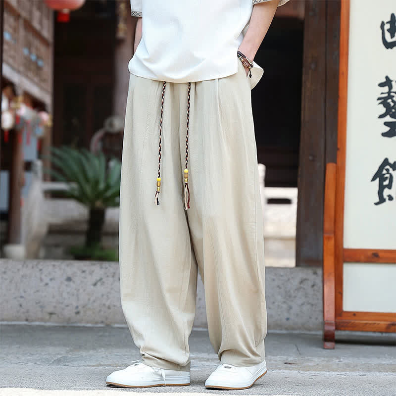 Buddha Stones 夏物カジュアルミニマリストドローストリング無地アンクルパンツメンズストレートレッグパンツポケット付き - image 3