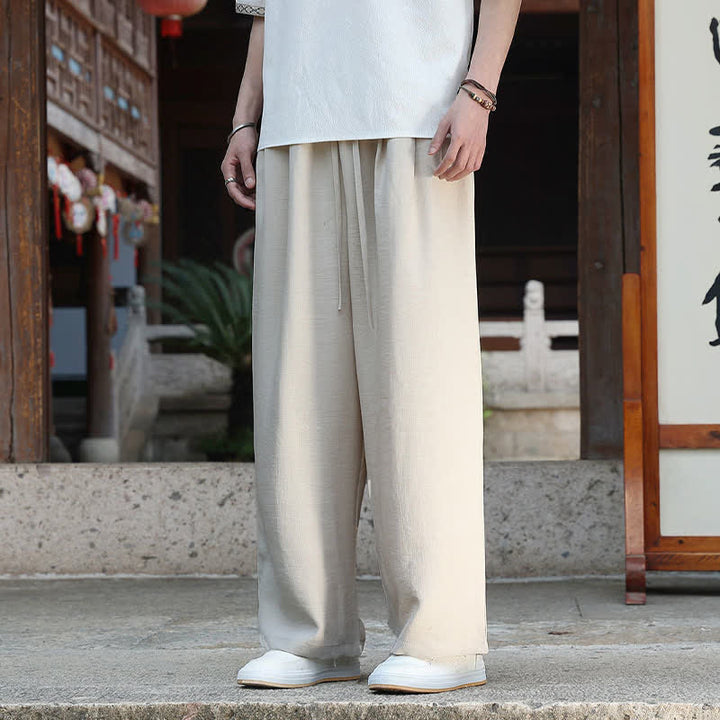 Buddha Stones 夏物カジュアルミニマリストドローストリングゴムウエスト無地アンクルパンツメンズストレートレッグパンツポケット付き - image 4