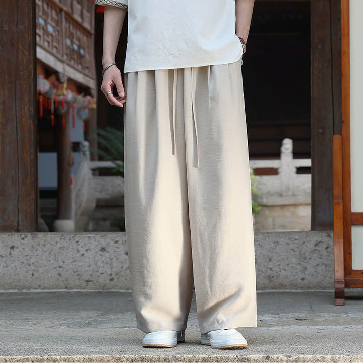 Buddha Stones 夏物カジュアルミニマリストドローストリングゴムウエスト無地アンクルパンツメンズストレートレッグパンツポケット付き - image 3