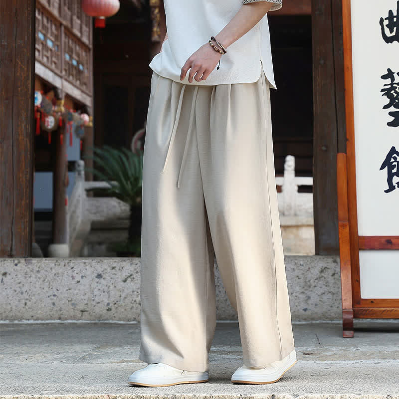 Buddha Stones 夏物カジュアルミニマリストドローストリングゴムウエスト無地アンクルパンツメンズストレートレッグパンツポケット付き - image 5