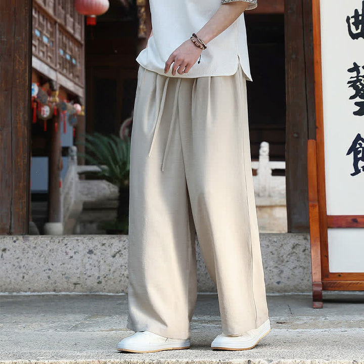 Buddha Stones 夏物カジュアルミニマリストドローストリングゴムウエスト無地アンクルパンツメンズストレートレッグパンツポケット付き - image 5