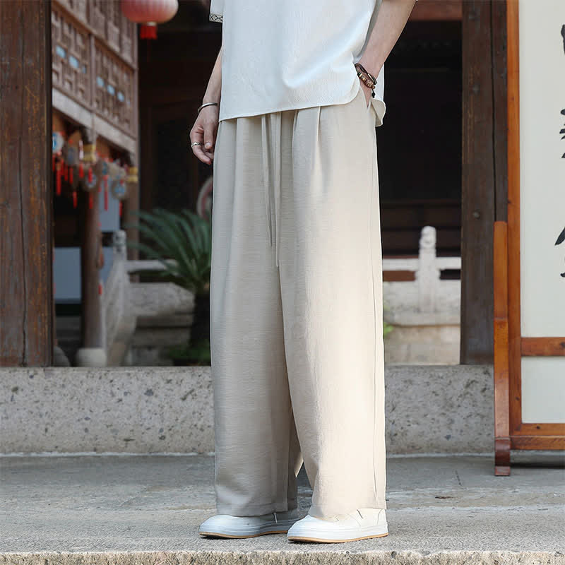 Buddha Stones 夏物カジュアルミニマリストドローストリングゴムウエスト無地アンクルパンツメンズストレートレッグパンツポケット付き - image 1