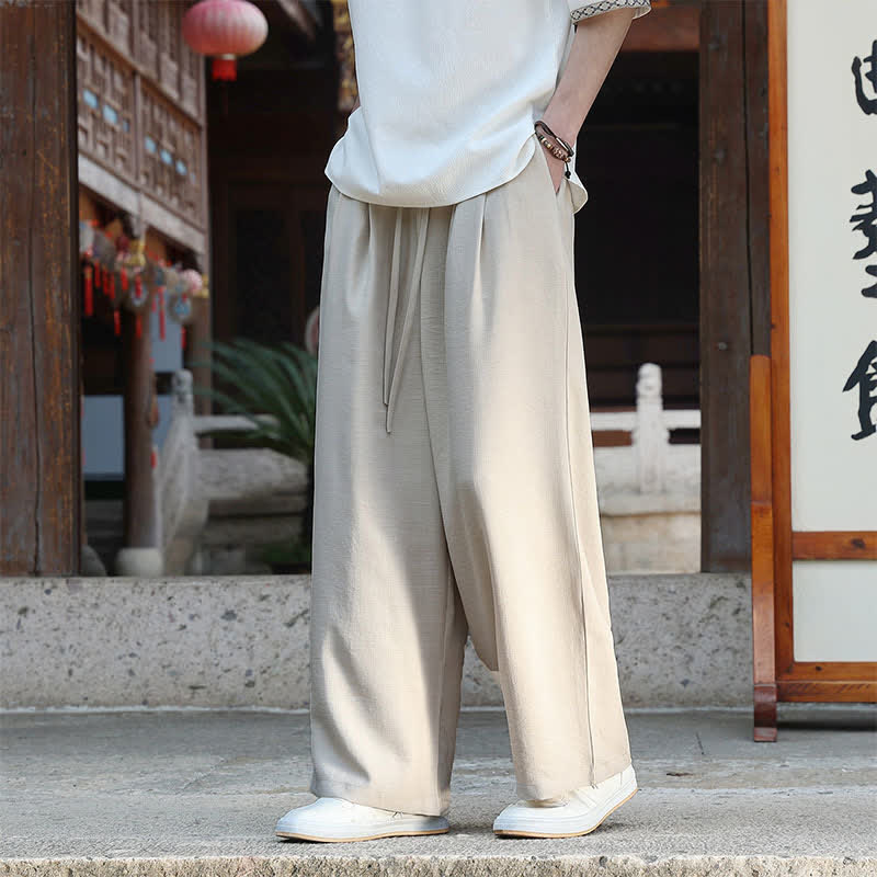 Buddha Stones 夏物カジュアルミニマリストドローストリングゴムウエスト無地アンクルパンツメンズストレートレッグパンツポケット付き - ベージュ - US/UK/AU46, EU56 （5XL） - image 0