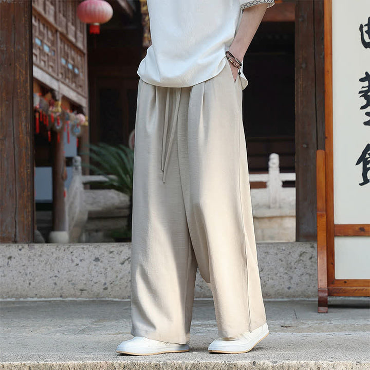 Buddha Stones 夏物カジュアルミニマリストドローストリングゴムウエスト無地アンクルパンツメンズストレートレッグパンツポケット付き - ベージュ - US/UK/AU46, EU56 （5XL） - image 0
