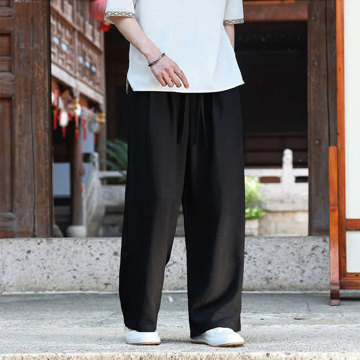 Buddha Stones 夏物カジュアルミニマリストドローストリングゴムウエスト無地アンクルパンツメンズストレートレッグパンツポケット付き - image 8