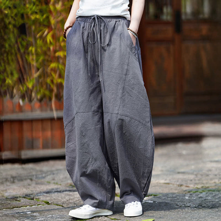 Buddha Stones 夏物カジュアルドローストリング無地コットンクロップドパンツメンズハーレムパンツポケット付き - image 1