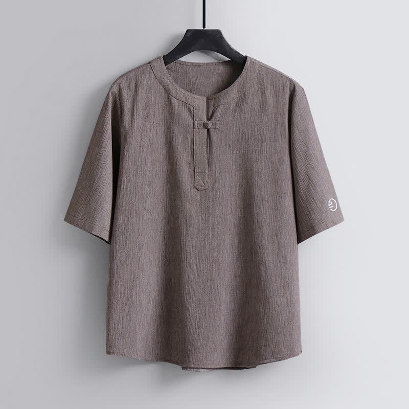 Buddha Stones 夏物唐草スタイルカジュアルパンコウクルーネック無地メンズ半袖シャツ - タン - US/UK/AU54、 EU64 (9XL) - image 0