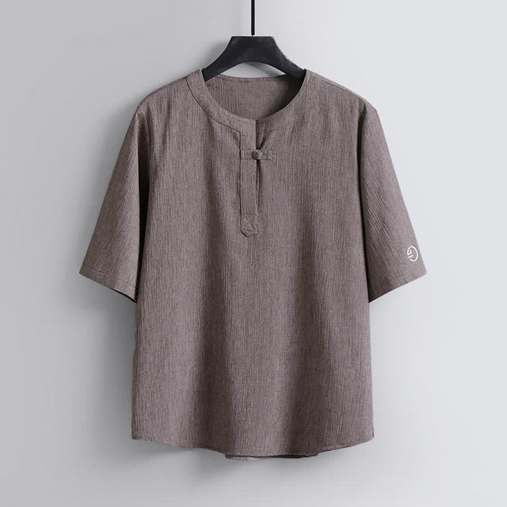 Buddha Stones 夏物唐草スタイルカジュアルパンコウクルーネック無地メンズ半袖シャツ - タン - US/UK/AU54、 EU64 (9XL) - image 0