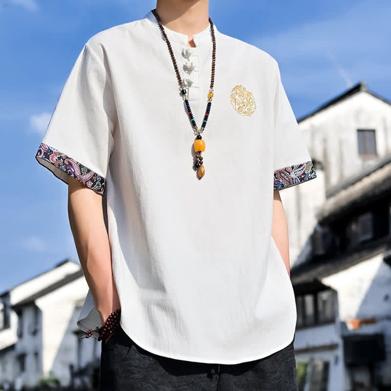 Buddha Stones 夏物唐風カジュアルカエルボタン刺繍メンズ半袖シャツ - image 29