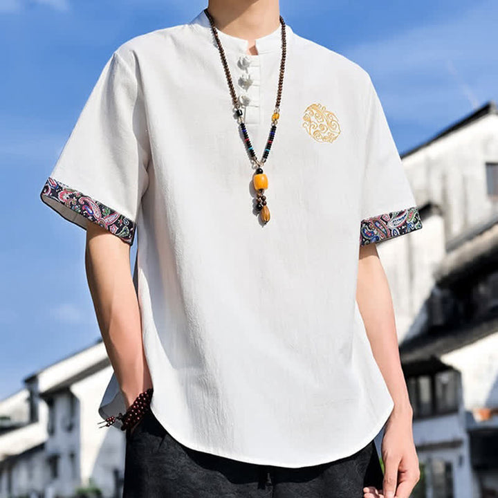 Buddha Stones 夏物唐風カジュアルカエルボタン刺繍メンズ半袖シャツ - image 32