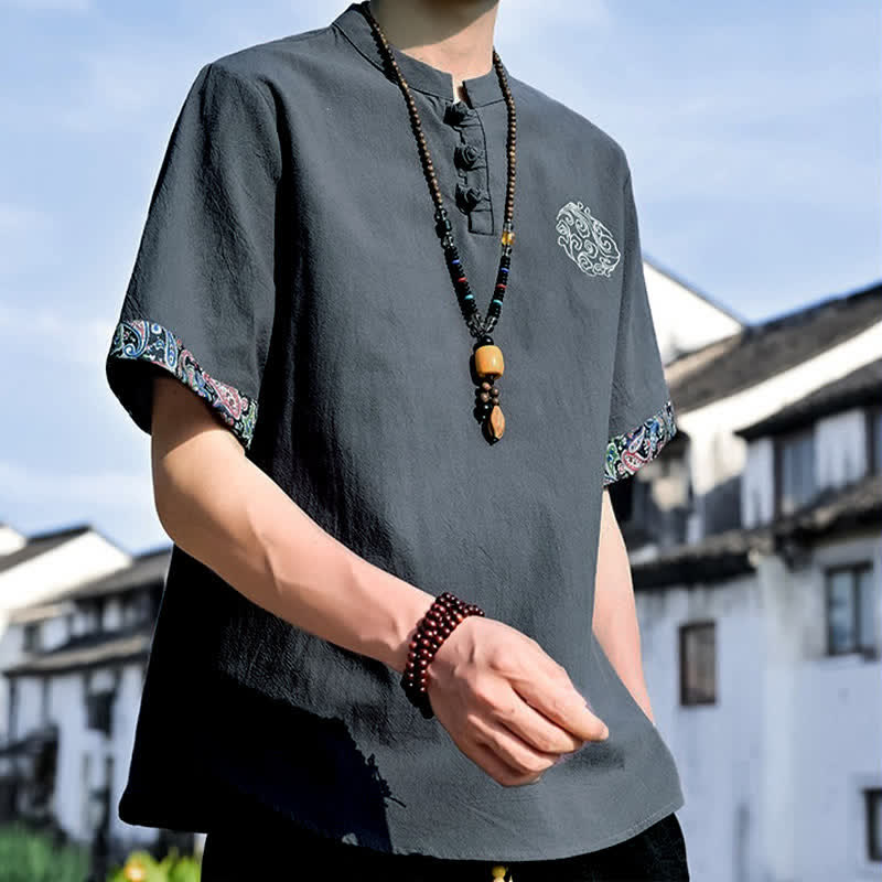 Buddha Stones 夏物唐風カジュアルカエルボタン刺繍メンズ半袖シャツ - image 6