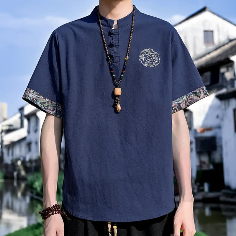 Buddha Stones 夏物唐風カジュアルカエルボタン刺繍メンズ半袖シャツ - image 19