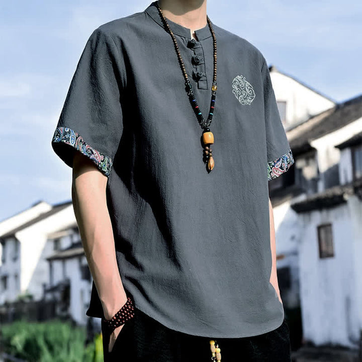 Buddha Stones 夏物唐風カジュアルカエルボタン刺繍メンズ半袖シャツ - image 5