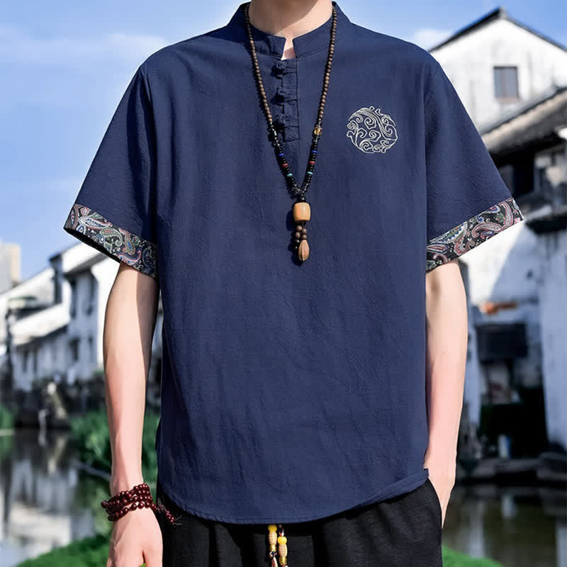 Buddha Stones 夏物唐風カジュアルカエルボタン刺繍メンズ半袖シャツ - ダークブルー - US/UK/AU46, EU56 （5XL） - image 13