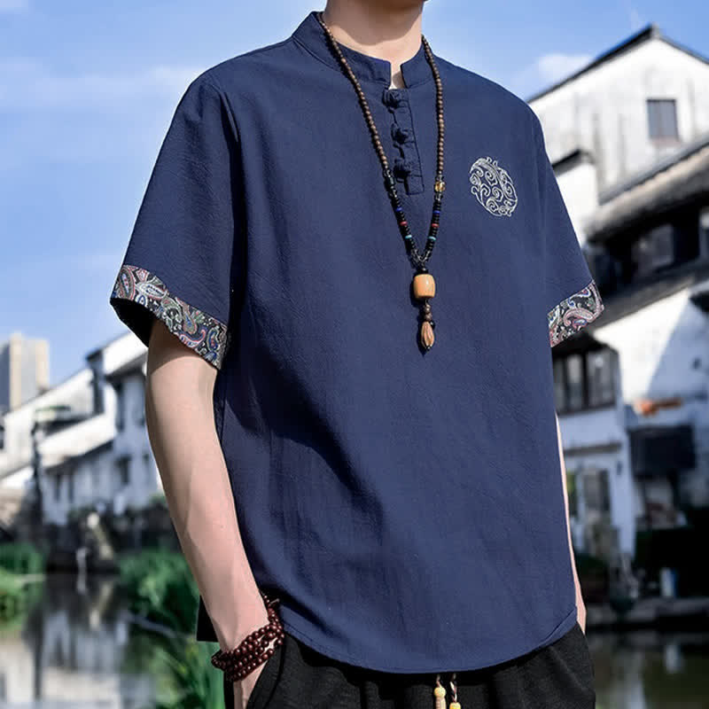 Buddha Stones 夏物唐風カジュアルカエルボタン刺繍メンズ半袖シャツ - image 14