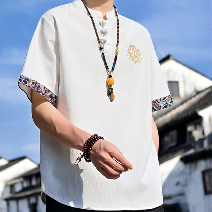 Buddha Stones 夏物唐風カジュアルカエルボタン刺繍メンズ半袖シャツ - image 31