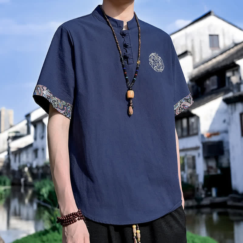 Buddha Stones 夏物唐風カジュアルカエルボタン刺繍メンズ半袖シャツ - image 17