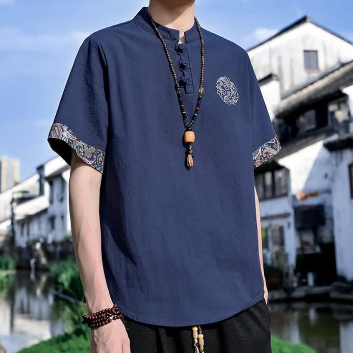 Buddha Stones 夏物唐風カジュアルカエルボタン刺繍メンズ半袖シャツ - image 17