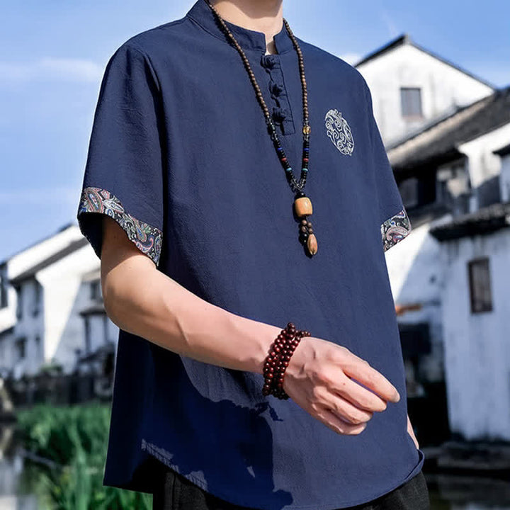 Buddha Stones 夏物唐風カジュアルカエルボタン刺繍メンズ半袖シャツ - image 18