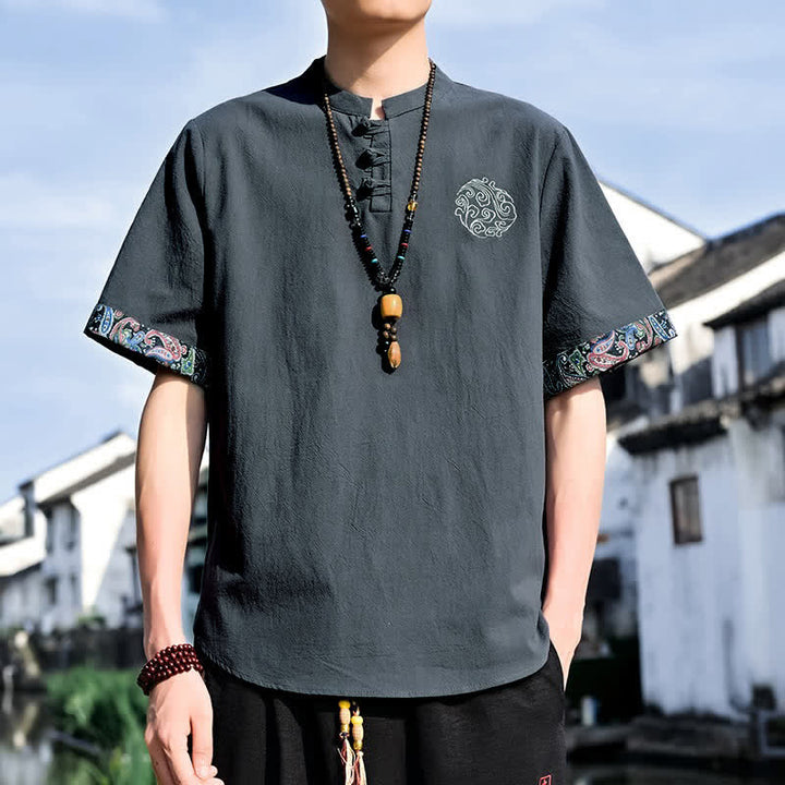 Buddha Stones 夏物唐風カジュアルカエルボタン刺繍メンズ半袖シャツ - 黒 - US/UK/AU46, EU56 （5XL） - image 0