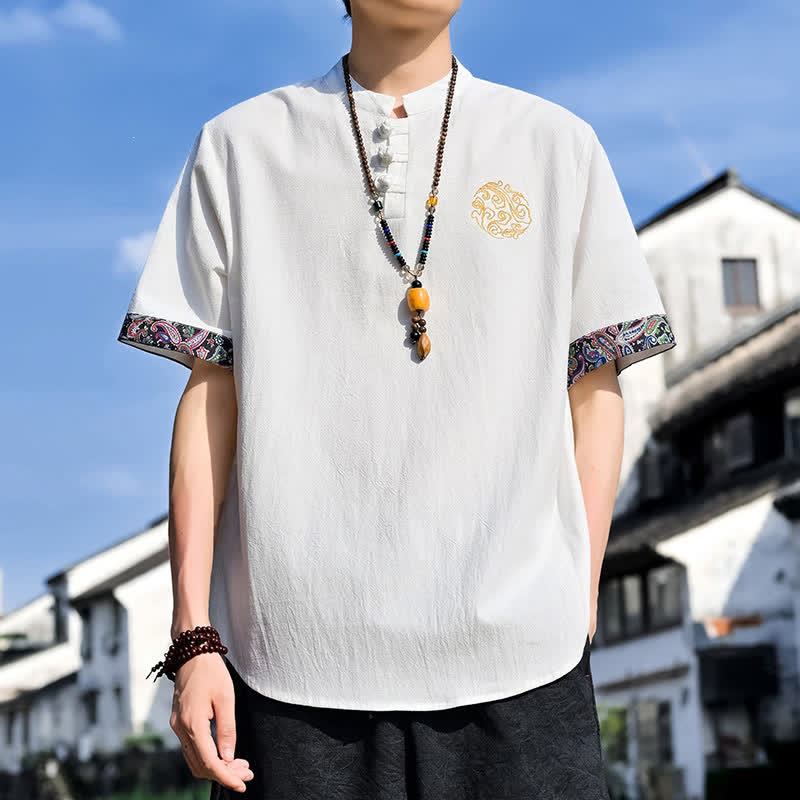 Buddha Stones 夏物唐風カジュアルカエルボタン刺繍メンズ半袖シャツ - 白 - US/UK/AU46, EU56 （5XL） - image 27
