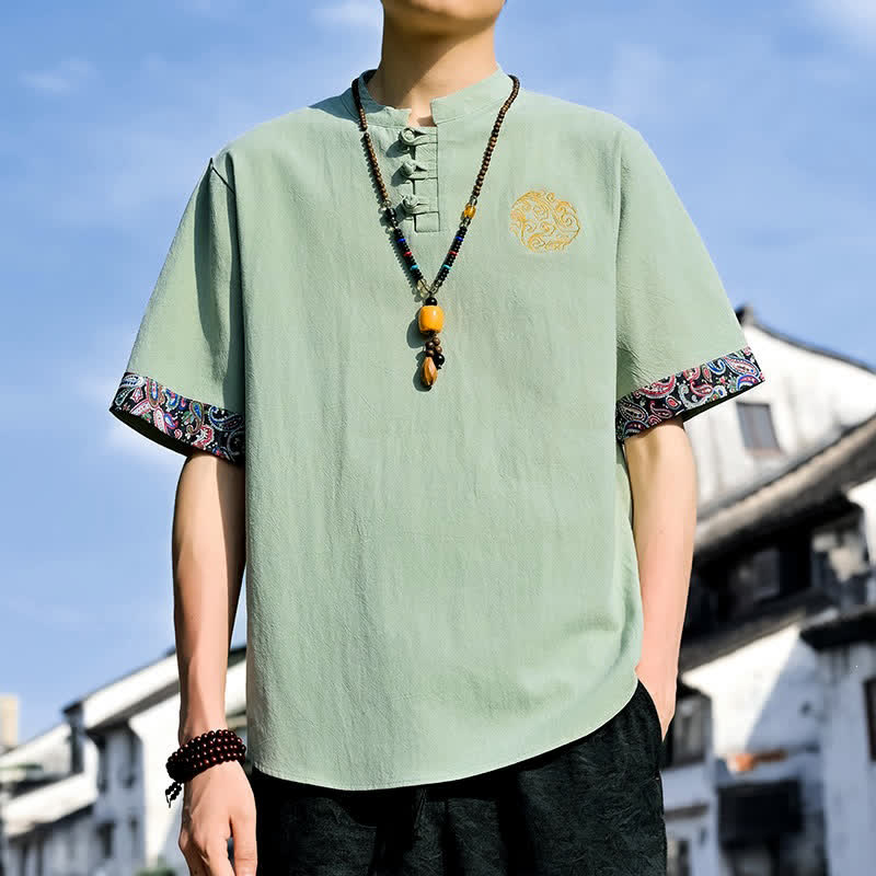 Buddha Stones 夏物唐風カジュアルカエルボタン刺繍メンズ半袖シャツ - ライトグリーン - US/UK/AU46, EU56 （5XL） - image 20