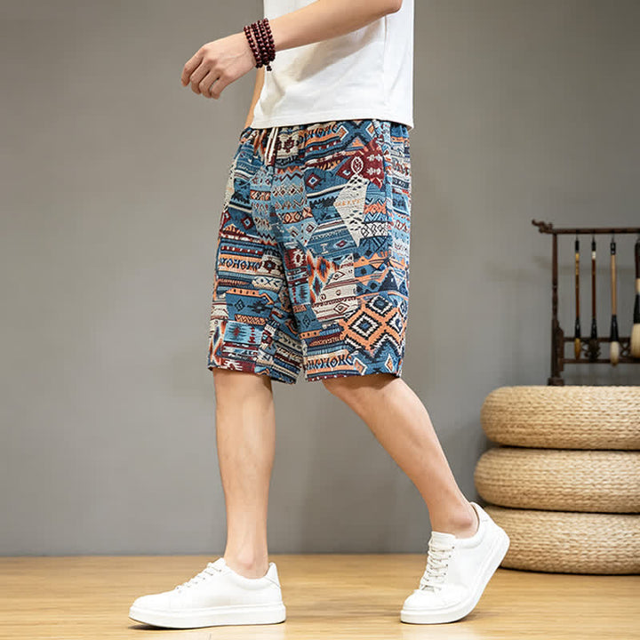 Buddha Stones夏用 カジュアル ボヘミアン ドローストリング 幾何学模様 メンズ ショートパンツ ポケット付き - image 4