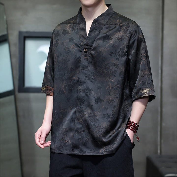Buddha Stones 春夏向け唐風カジュアルマンダリンカラー竹蝶柄メンズ半袖シャツ - シエナ - US/UK/AU46、 EU56 (5XL) - image 0