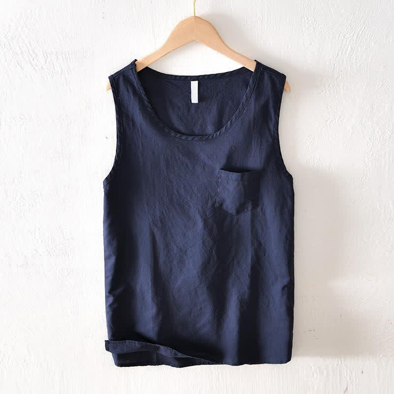 Buddha Stones 夏物カジュアルミニマリスト無地タンクトップメンズノースリーブTシャツパッチポケット付き - ミッドナイトブルー - US/UK/AU42, EU52 （3XL） - image 0