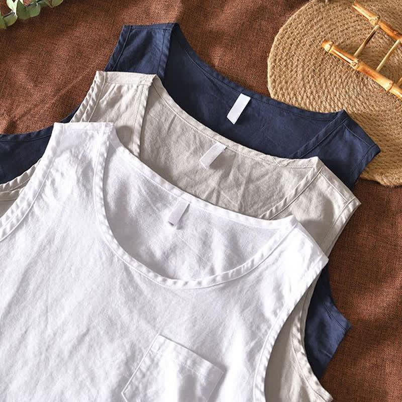 Buddha Stones 夏物カジュアルミニマリスト無地タンクトップメンズノースリーブTシャツパッチポケット付き - image 14