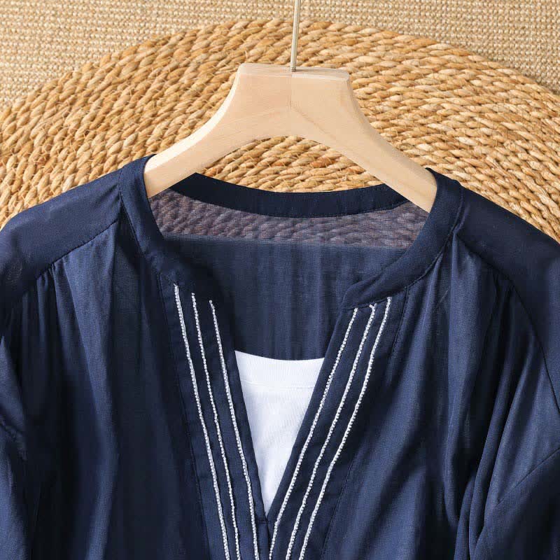Buddha Stones 夏物カジュアルシンプル無地Vネックラインレディース半袖Tシャツ - image 2