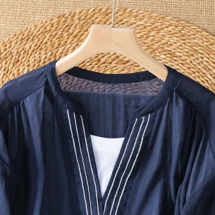 Buddha Stones 夏物カジュアルシンプル無地Vネックラインレディース半袖Tシャツ - image 2