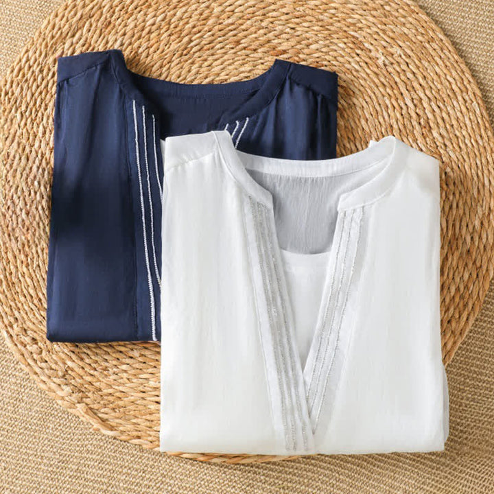 Buddha Stones 夏物カジュアルシンプル無地Vネックラインレディース半袖Tシャツ - image 12
