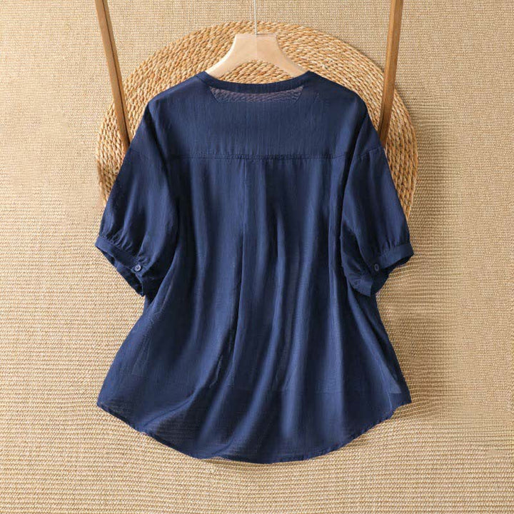 Buddha Stones 夏物カジュアルシンプル無地Vネックラインレディース半袖Tシャツ - image 1