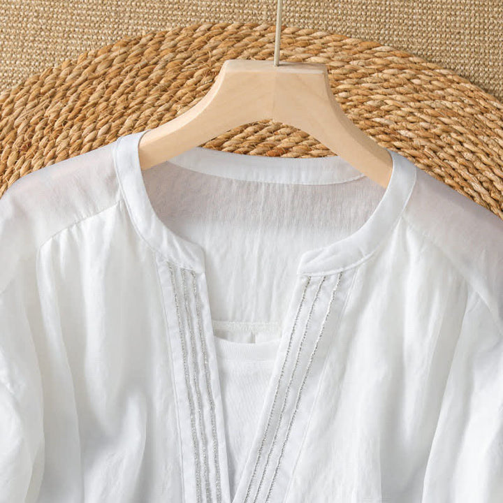 Buddha Stones 夏物カジュアルシンプル無地Vネックラインレディース半袖Tシャツ - image 5