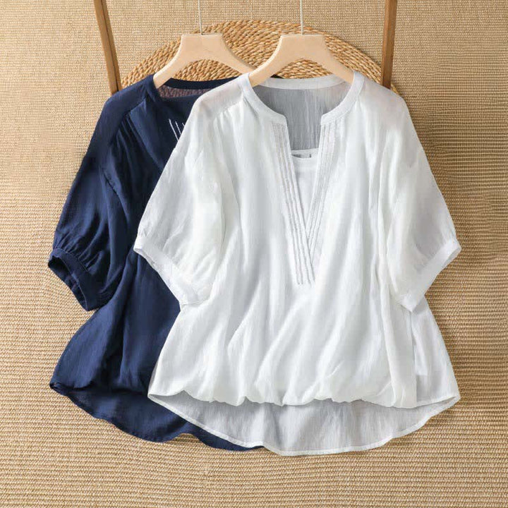 Buddha Stones 夏物カジュアルシンプル無地Vネックラインレディース半袖Tシャツ - image 11