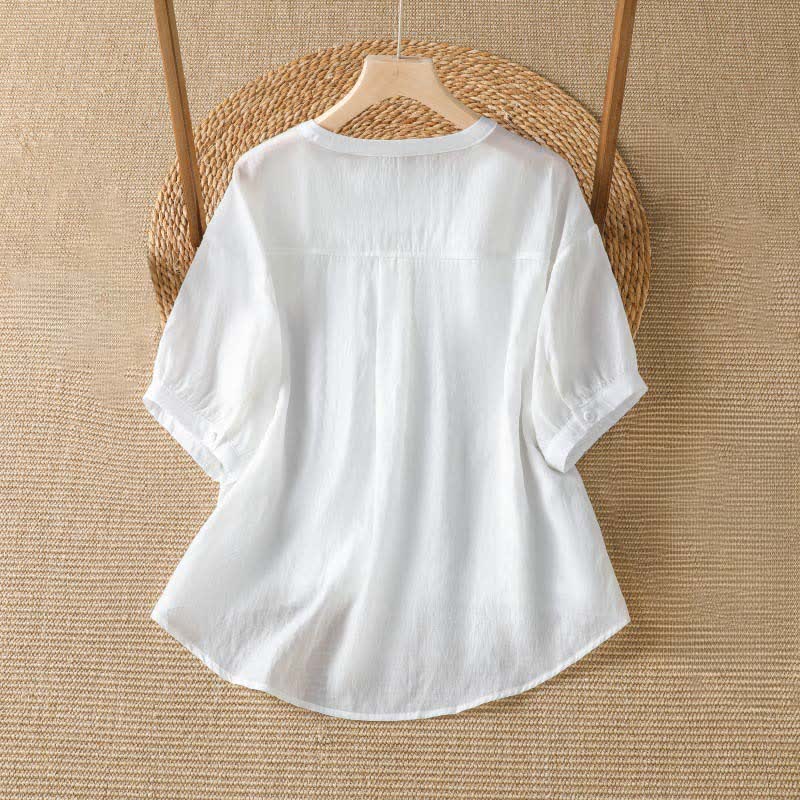 Buddha Stones 夏物カジュアルシンプル無地Vネックラインレディース半袖Tシャツ - image 4