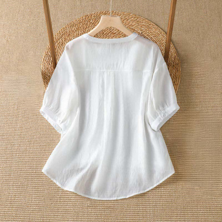 Buddha Stones 夏物カジュアルシンプル無地Vネックラインレディース半袖Tシャツ - image 4