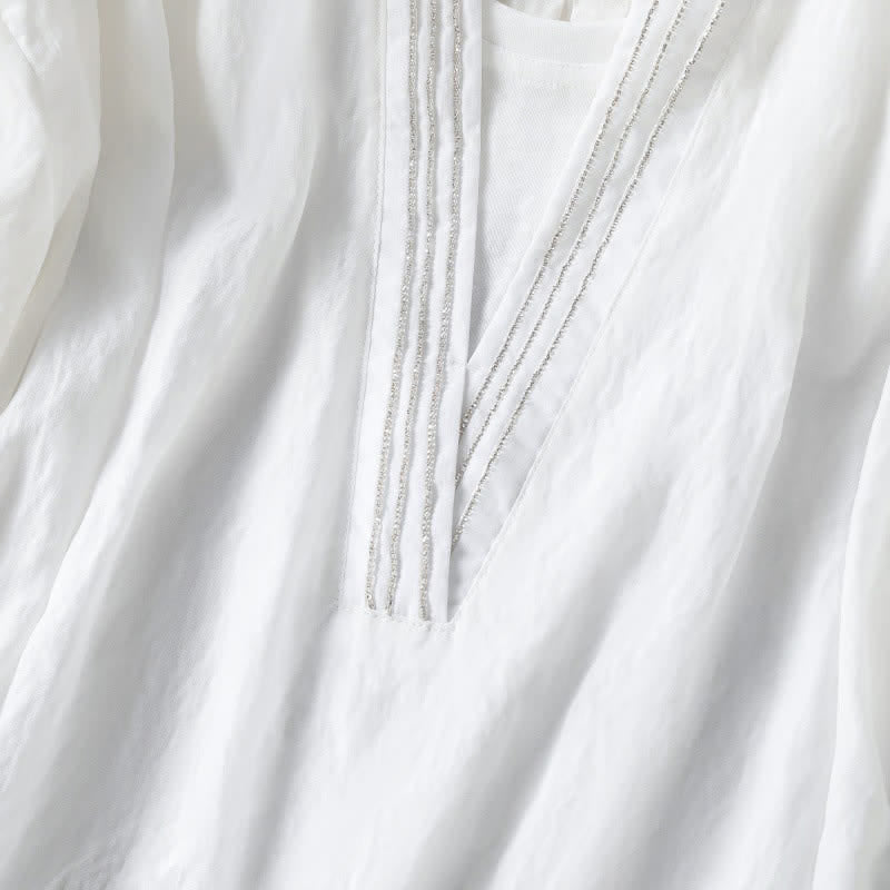 Buddha Stones 夏物カジュアルシンプル無地Vネックラインレディース半袖Tシャツ - image 9