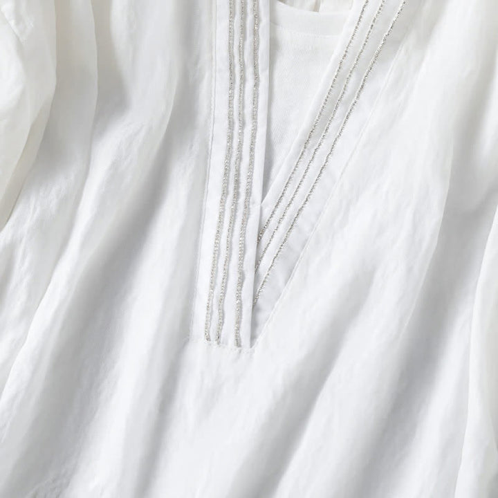 Buddha Stones 夏物カジュアルシンプル無地Vネックラインレディース半袖Tシャツ - image 9