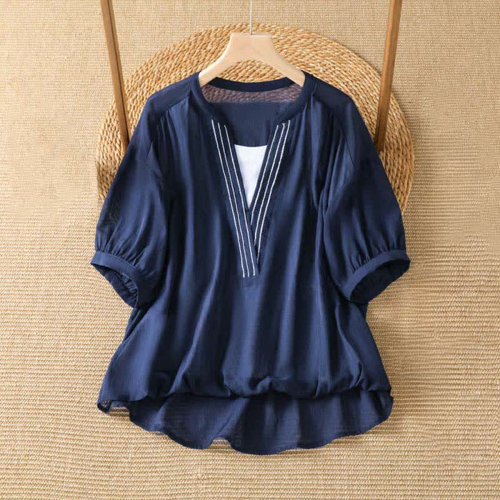 Buddha Stones 夏物カジュアルシンプル無地Vネックラインレディース半袖Tシャツ - 海軍 - US8-10, UK/AU12-14, EU40-42 （2XL） - image 0