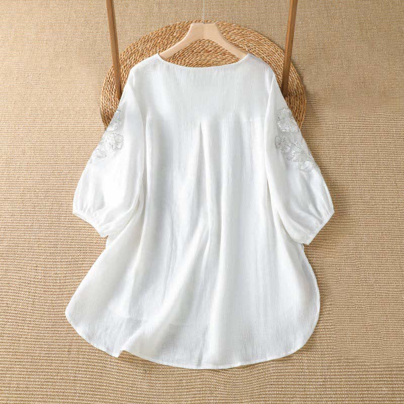 Buddha Stones 夏物カジュアルエレガント刺繍入りホワイト花柄クルーネックレディース長袖Tシャツ - image 7