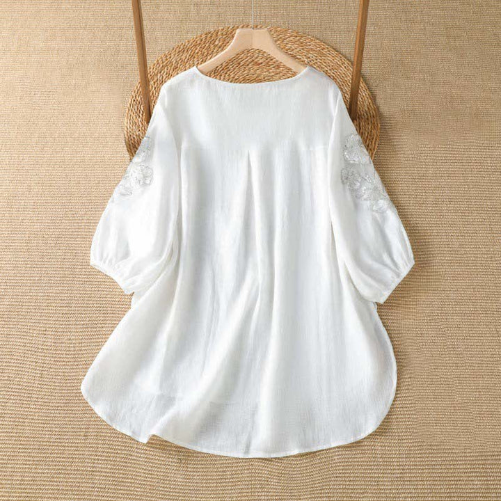 Buddha Stones 夏物カジュアルエレガント刺繍入りホワイト花柄クルーネックレディース長袖Tシャツ - image 7