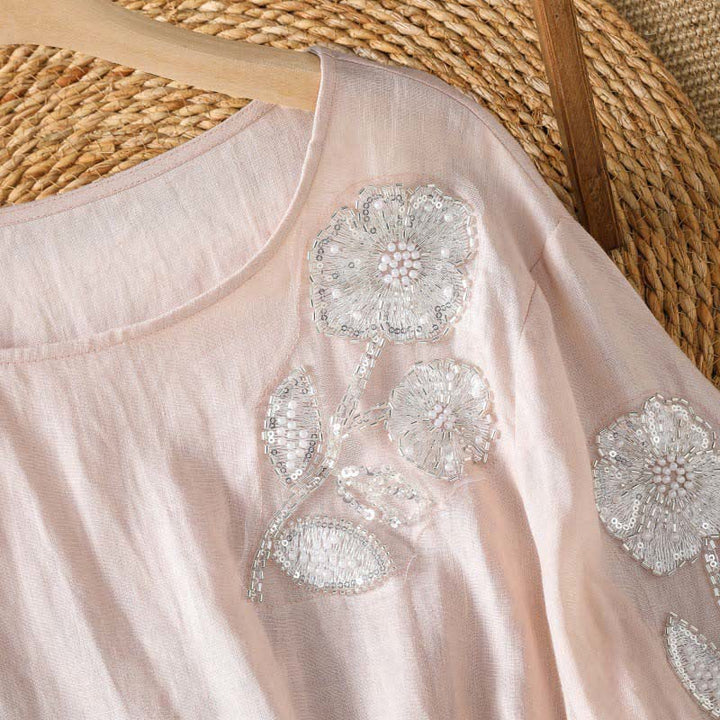 Buddha Stones 夏物カジュアルエレガント刺繍入りホワイト花柄クルーネックレディース長袖Tシャツ - image 2