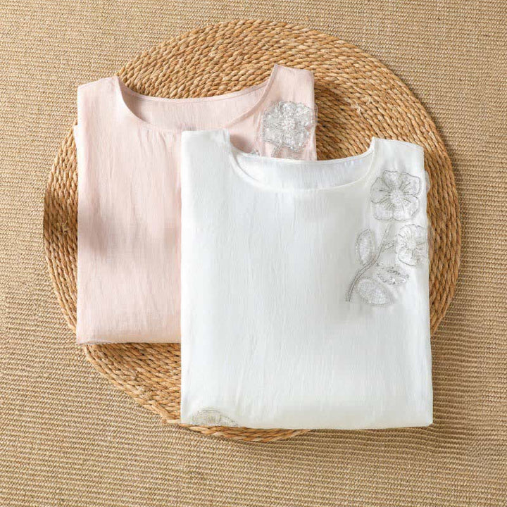Buddha Stones 夏物カジュアルエレガント刺繍入りホワイト花柄クルーネックレディース長袖Tシャツ - image 9